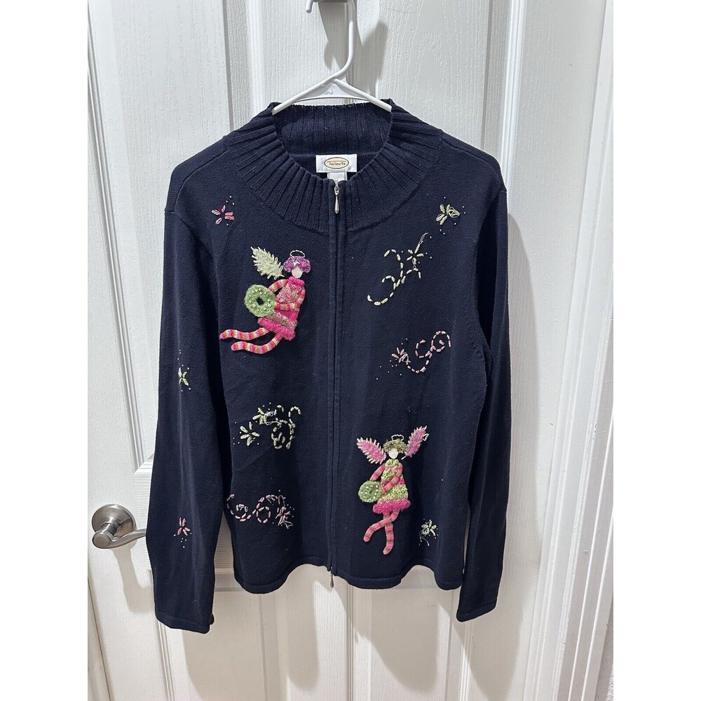 Talbots Womens Angel Full Zip Knit Cardigan Sweater XL Navy Blue Mock Neck